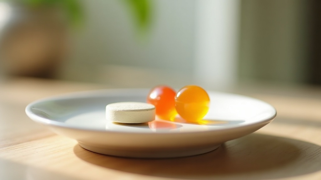 documentary still-life of a single pale chewable vitamin tablet beside two orang
