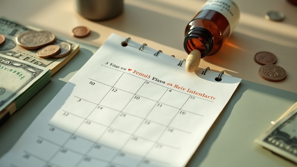 documentary still-life of a paper wall calendar page, a small pile of dollar bil