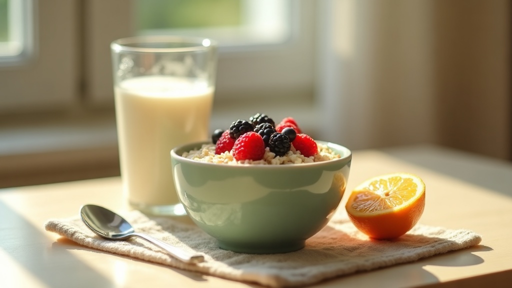 documentary still-life of a child's breakfast place setting with a bowl of oatme