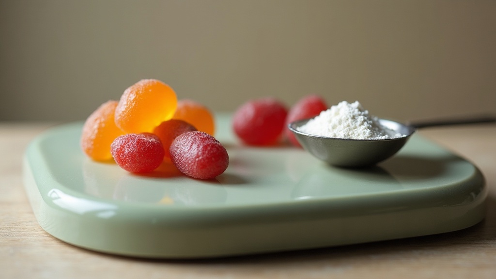 documentary still-life on a kitchen scale: a small pile of four orange gummies o