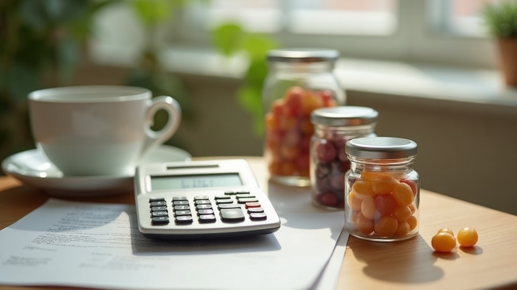 documentary still-life of a pocket calculator, a paper receipt, a coffee mug, an