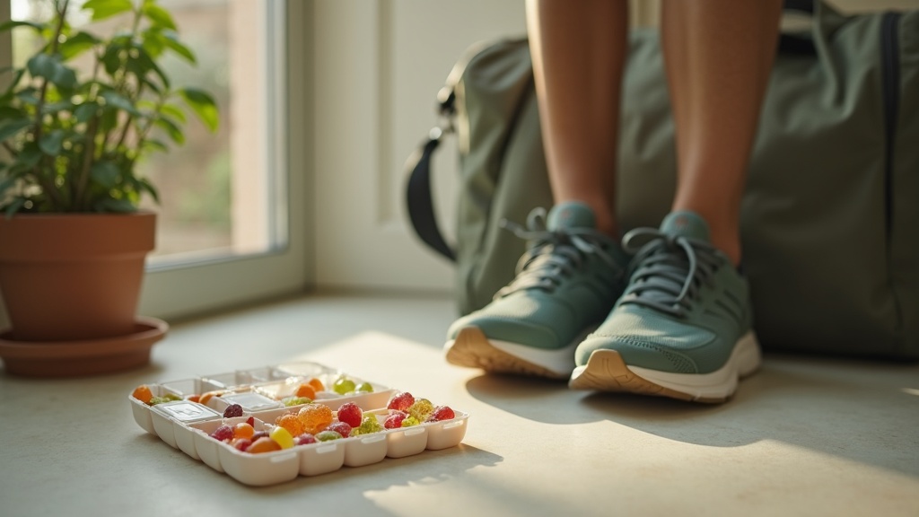 documentary still-life of a weekly pill organizer with a few gummies in the open