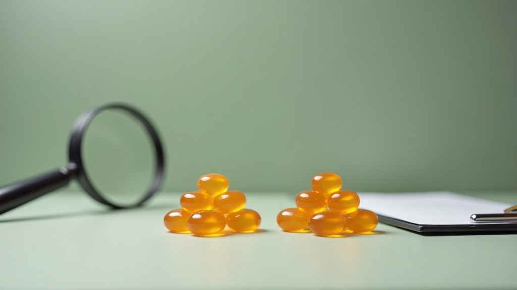 documentary still-life of two small piles of amber softgels side by side on a pl