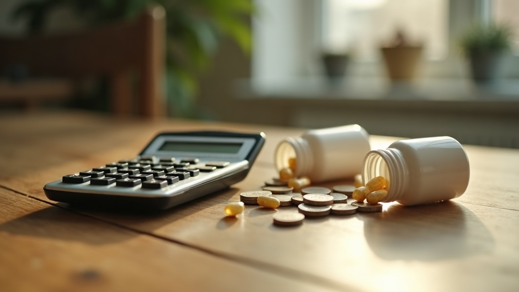 documentary still-life of a pocket calculator, loose coins, and two open unlabel