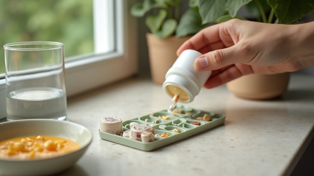 documentary still-life of a hand-free weekly pill organizer being filled from an