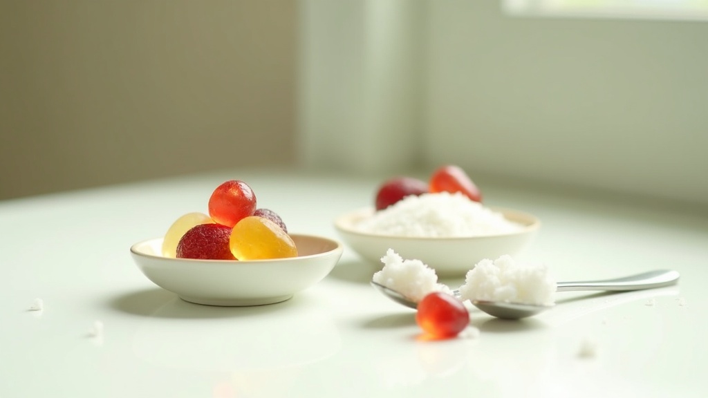 documentary still-life of two small glass bowls each holding two berry-colored g