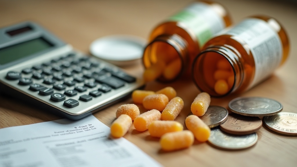 documentary still-life of a calculator, a few coins, and two open unbranded supp