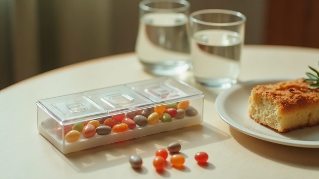 documentary still-life of a weekly pill organizer holding gummy vitamins next to