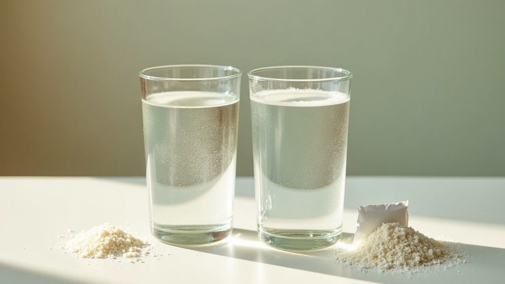 A close documentary still life of two clear glasses of water side by side on a l