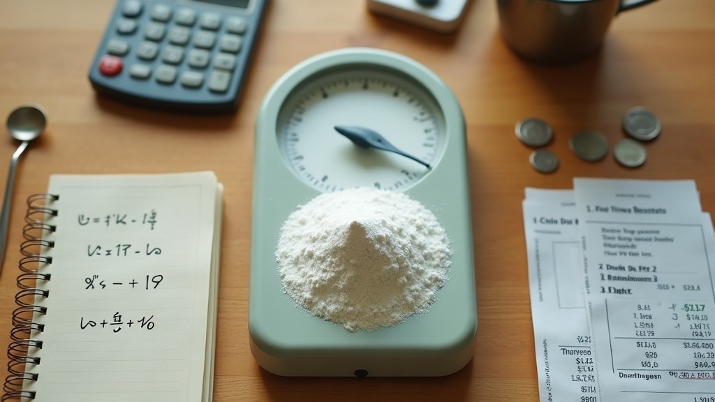 A flat-lay documentary photo on a wooden table of a kitchen scale weighing a sma
