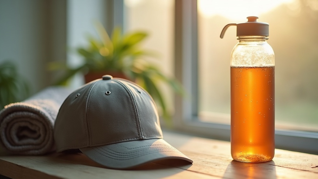 A realistic morning scene in soft daylight of a sweat-stained running cap, a fil