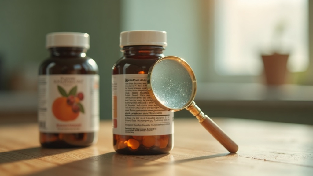 documentary still-life of a magnifying glass held over the back label of a gener