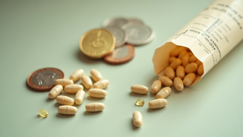 documentary still-life of loose vitamin softgels sorted into small piles next to