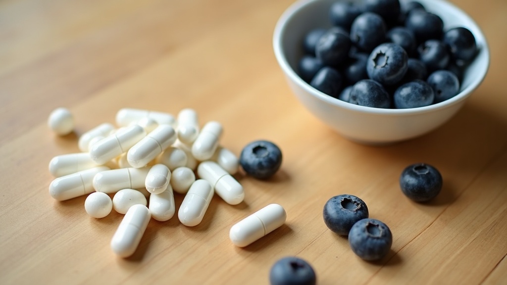 documentary still-life of two small piles of white supplement capsules on a wood