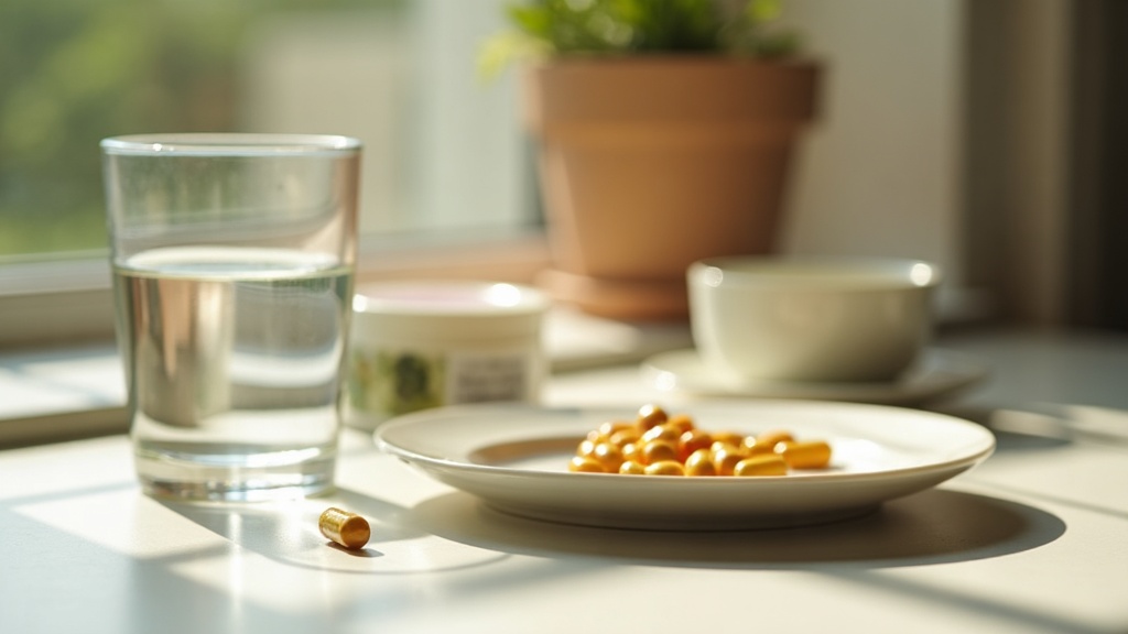 documentary still-life of a single supplement capsule beside a glass of water an