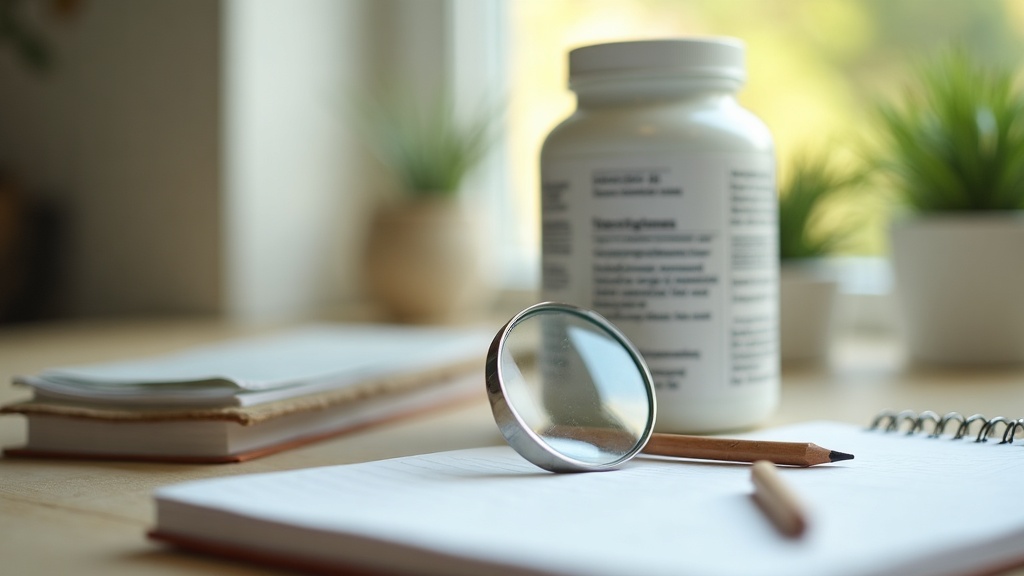 Documentary still-life of a magnifying glass resting on the back label of an unb