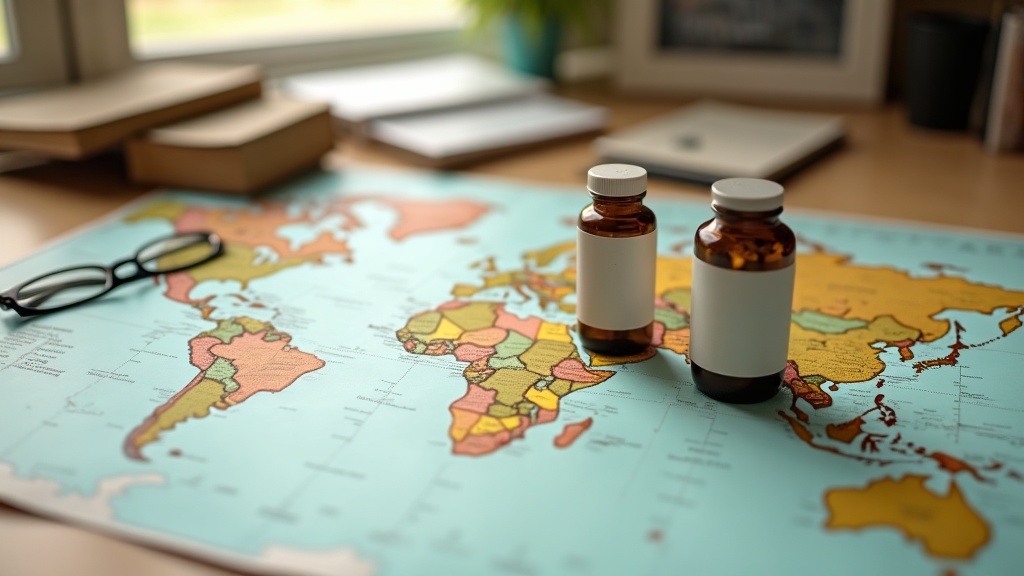 Documentary still-life of a world map spread on a desk with three unbranded supp