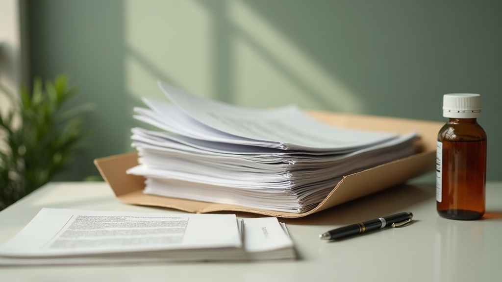 Documentary still-life of a stack of printed court documents in a manila folder