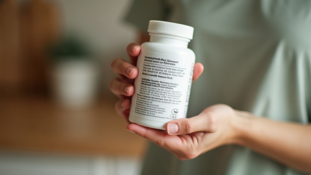 Close-up photo of a hand holding a plain unbranded white supplement bottle turne