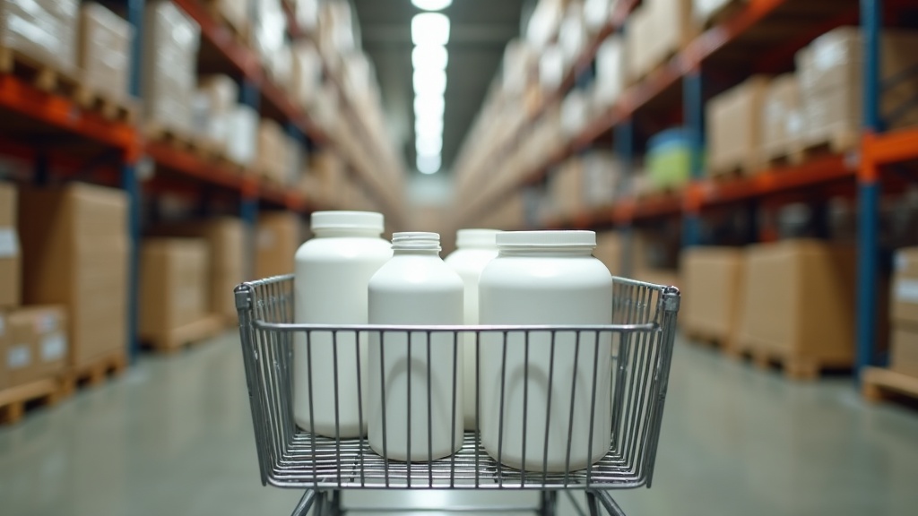Photo of a warehouse-style shopping cart seen from behind holding several plain 