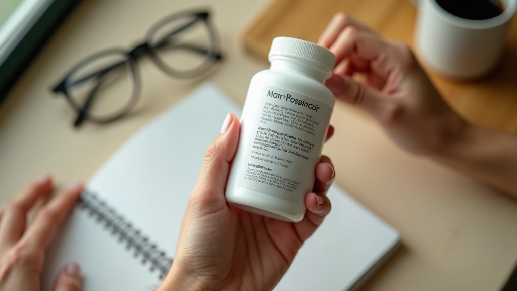Close overhead photo of a hand holding an unbranded white supplement bottle turn