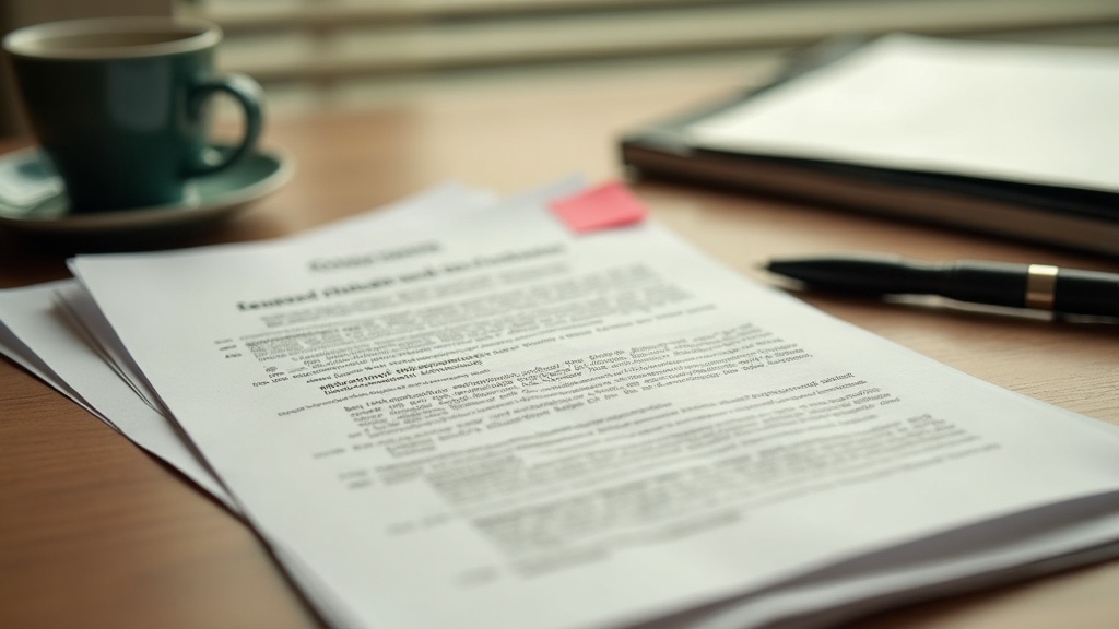 Desk scene with a stack of printed court and government documents, one page flag
