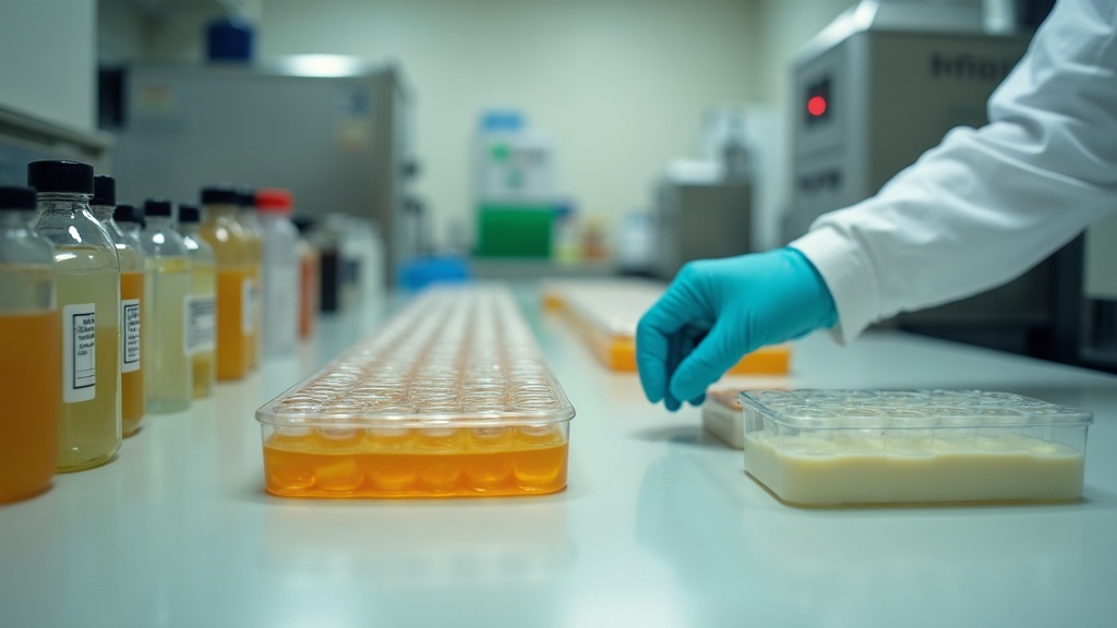Quality control laboratory bench with rows of capsules in petri dishes, sample v