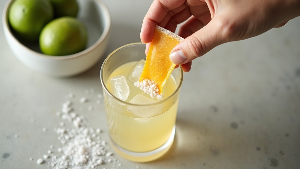 Overhead photo of a glass of water with pale citrus-colored electrolyte powder m