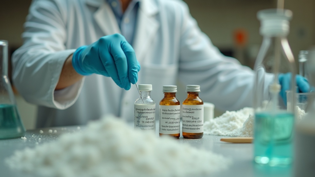 Laboratory bench with labeled sample vials of white powder, a pipette in a glove