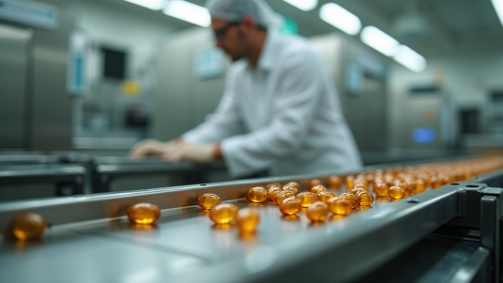 Wide shot of a clean modern supplement manufacturing line, stainless steel hoppe
