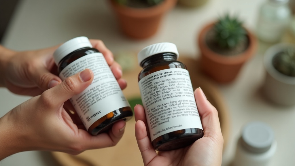 Close overhead photo of two hands comparing the back labels of two plain unbrand