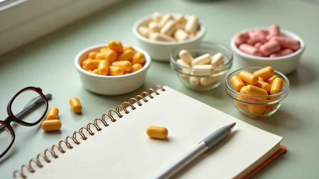 Flat lay of assorted unbranded tablets, softgels and gummy vitamins sorted into