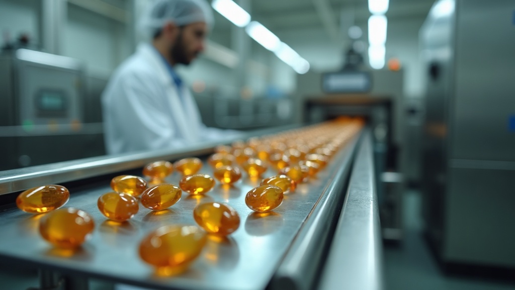 Wide photo of a modern supplement manufacturing line, stainless steel tablet pre