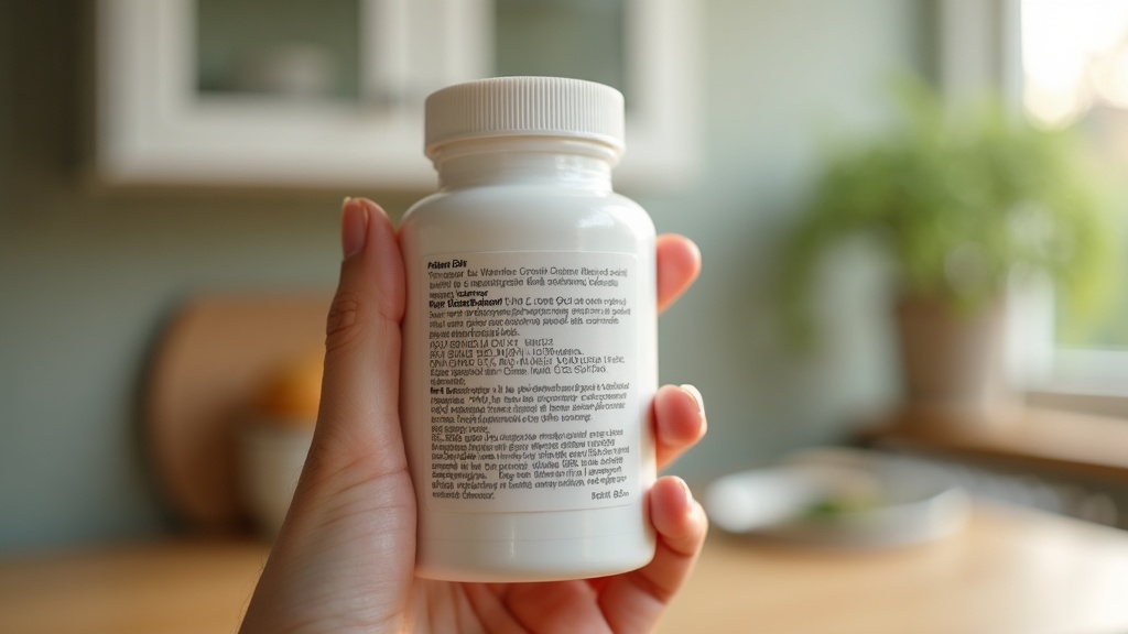 Close-up photo of the back label of a plain unbranded white supplement bottle he