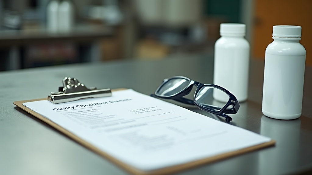 Documentary still-life of an industrial-style clipboard with a blank quality che