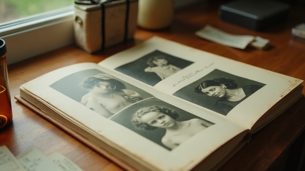 Documentary still-life of an old family photo album lying open next to an unbran