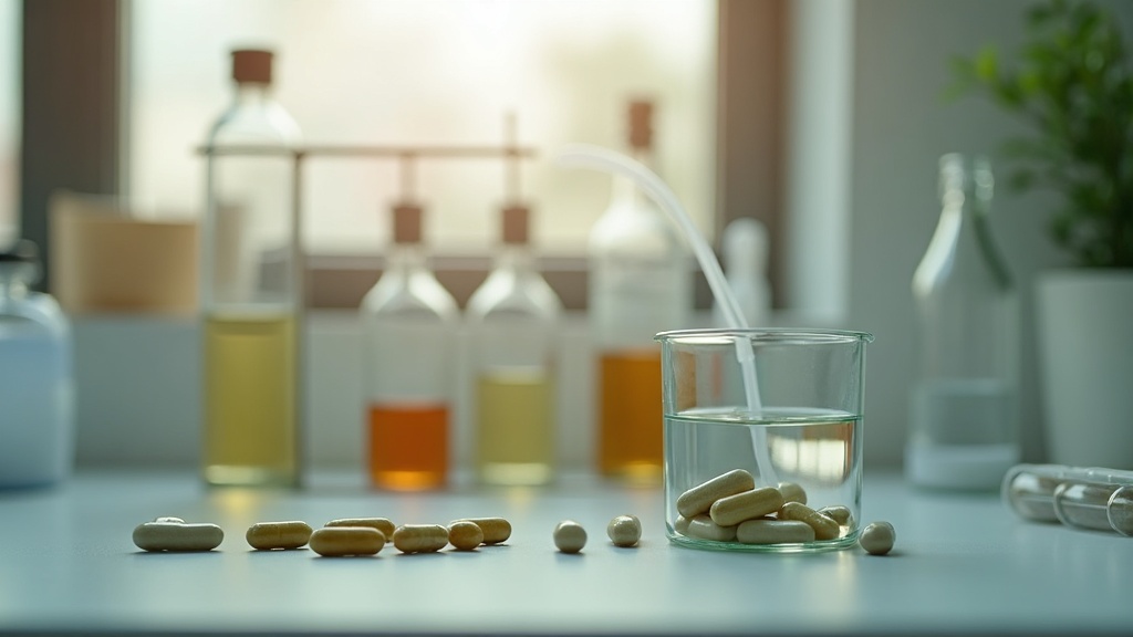 Documentary still-life of a laboratory bench with a rack of test tubes, a pipett