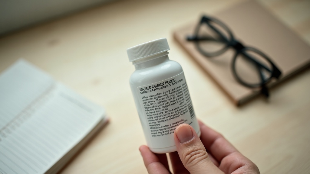 Overhead photo of a plain white supplement bottle turned to show the back label