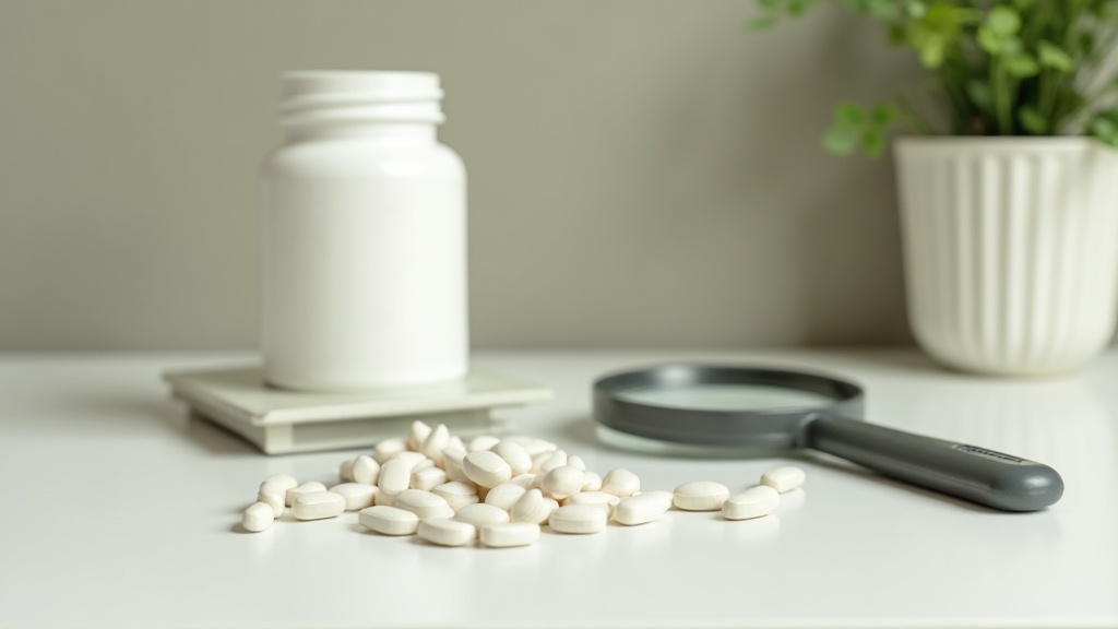 Plain white capsules spilled from an unbranded bottle next to a small kitchen sc
