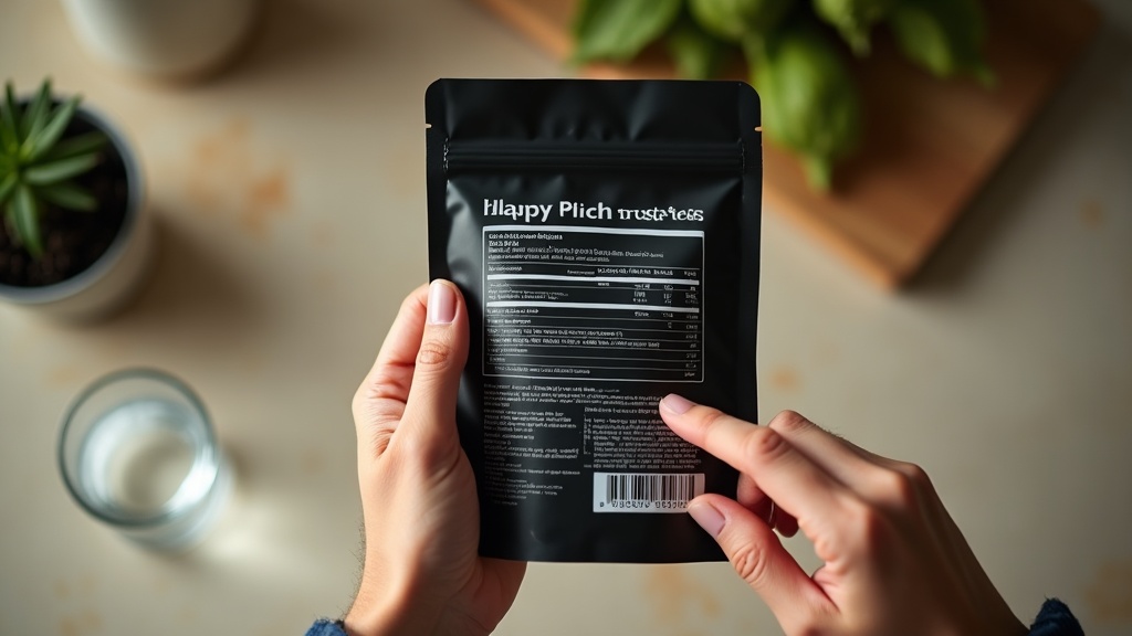 Overhead photo of a person's hands holding a black supplement pouch turned to it