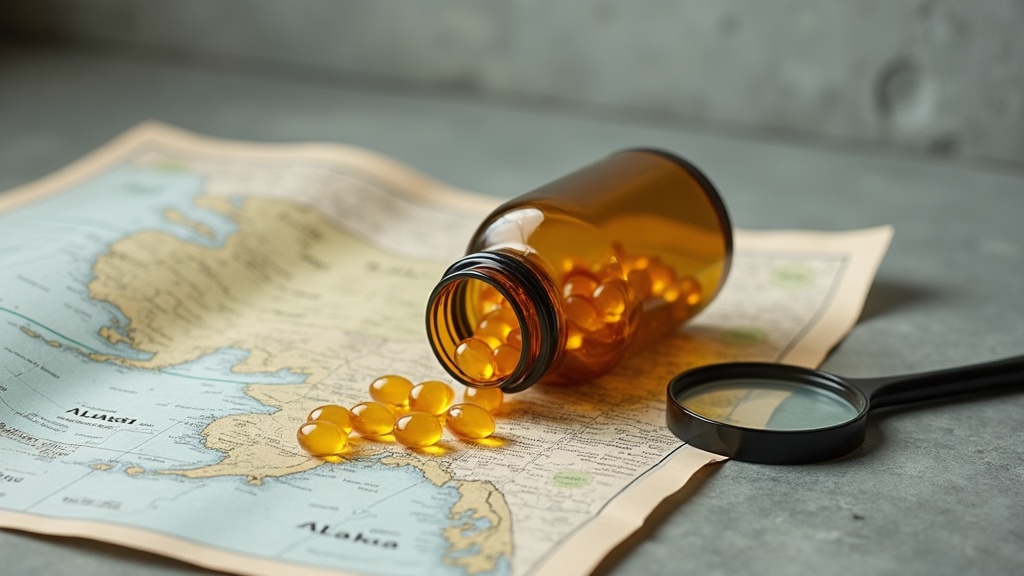 Flat lay of plain unbranded fish oil softgels spilling from an amber glass bottl