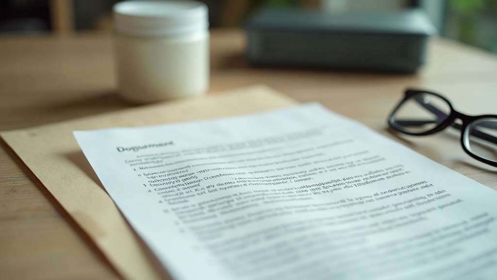 Desk scene with printed court documents in a manila folder, a pair of reading gl