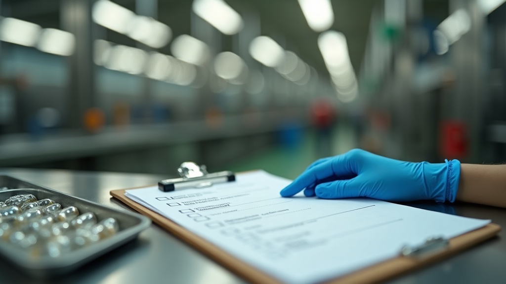 documentary still-life suggesting a supplement factory floor: stainless steel en