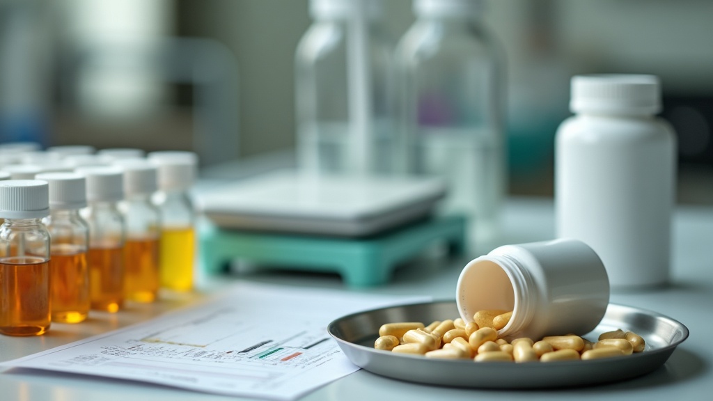 documentary still-life of a quality control bench: laboratory HPLC vials in a ra