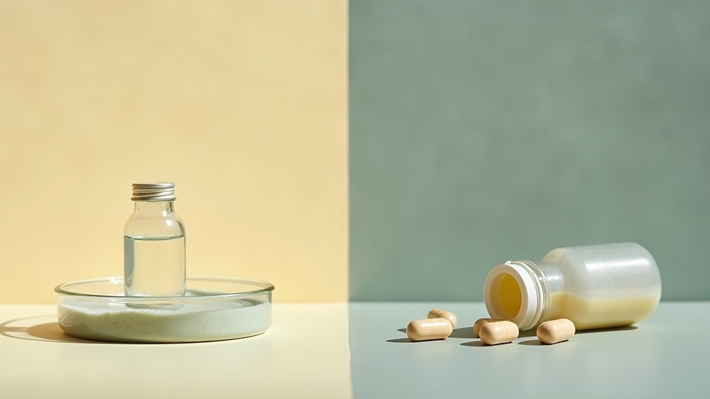 documentary still-life split composition: on the left a small clear vial of clou
