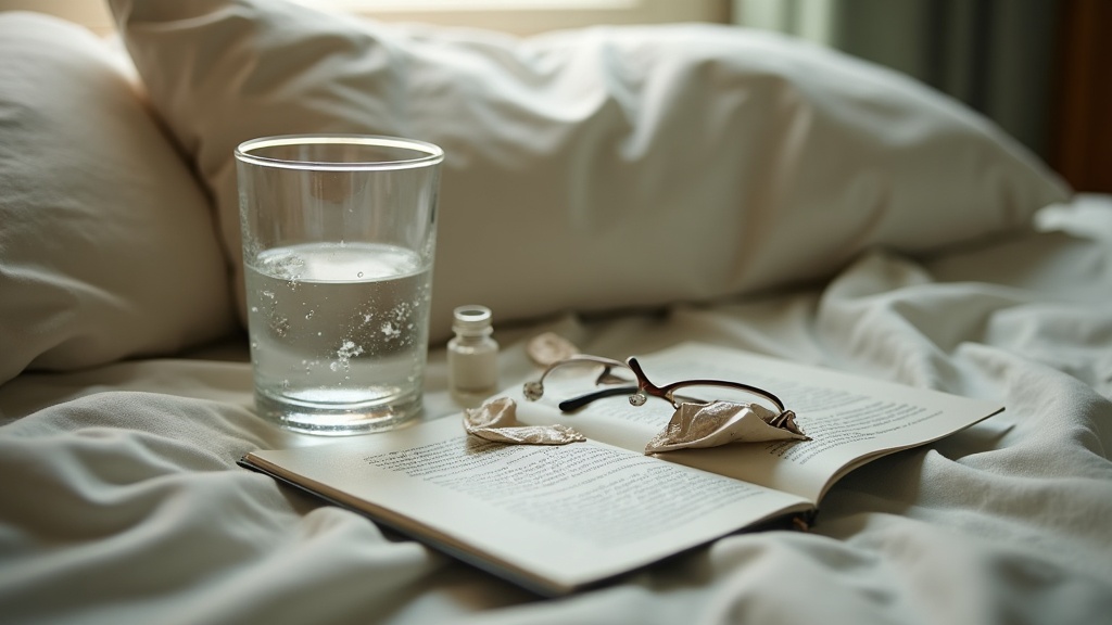 documentary still-life of a bedside table the morning after: half-full glass of 