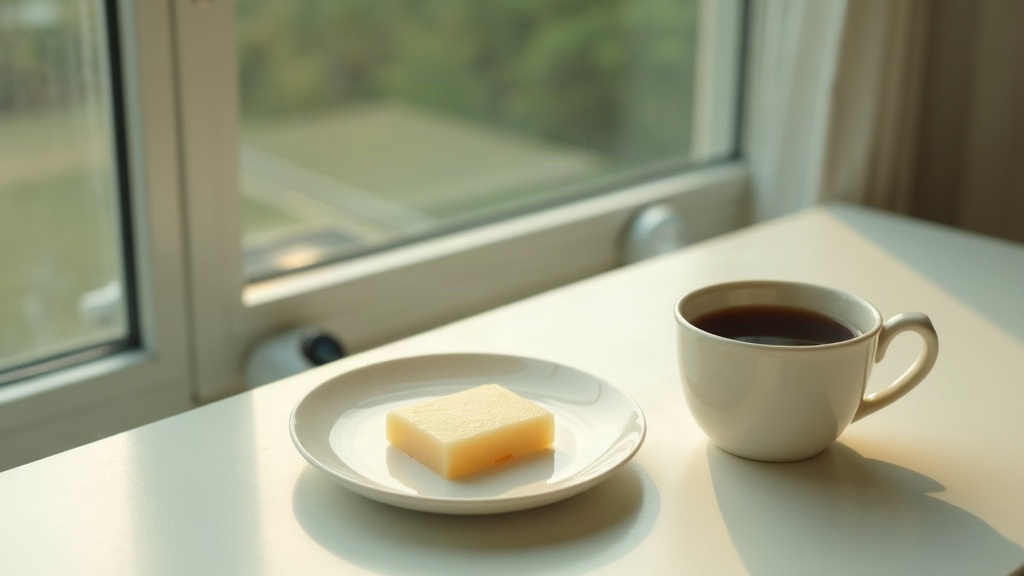 Documentary still life of a single pale piece of chewing gum resting on a white 