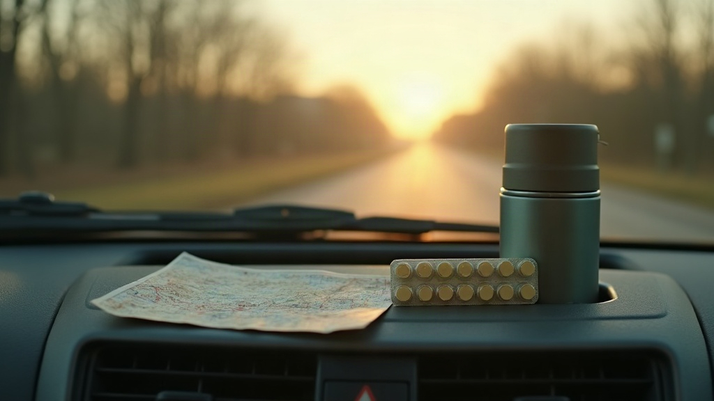 Documentary still life of a car dashboard at dawn with a plain unbranded blister