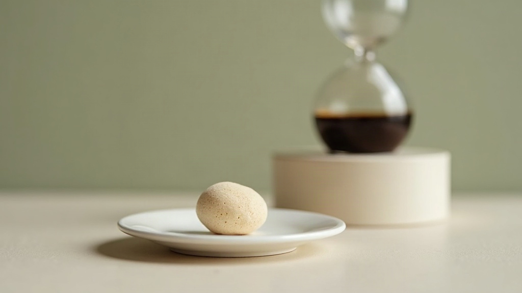 Documentary still life of a single pale gum pellet resting on a white saucer bes