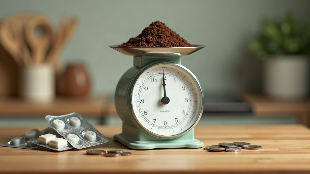 Documentary still life of a kitchen scale holding a small mound of ground coffee
